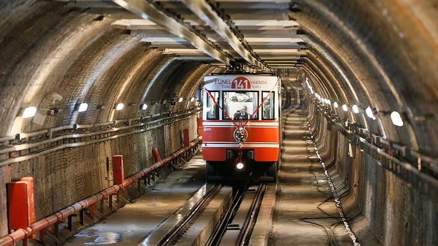 The historic Tünel F2 funicular car with nostalgic wooden interior, running between Karaköy and Beyoğlu since 1875